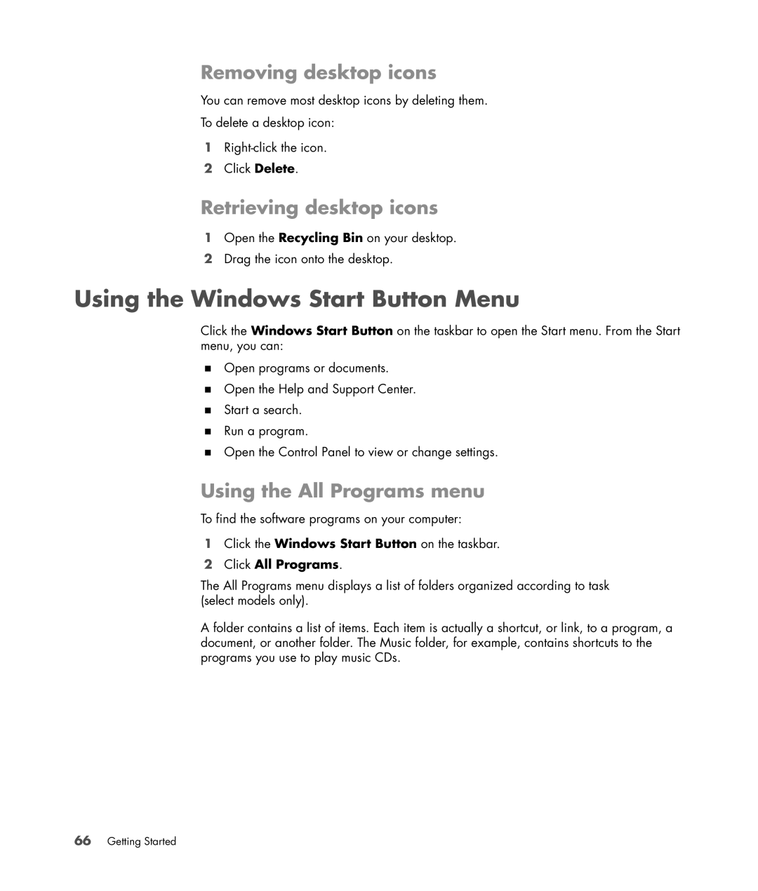 HP SR5218HK Using the Windows Start Button Menu, Removing desktop icons, Retrieving desktop icons, Click All Programs 