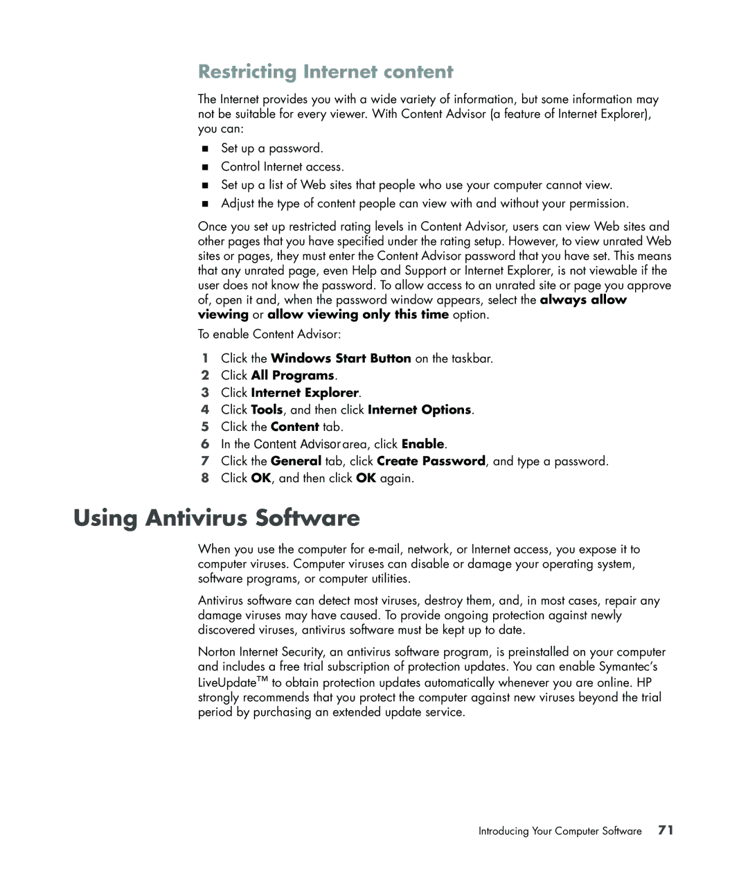HP SR5352AP, a1520e Using Antivirus Software, Restricting Internet content, Click All Programs Click Internet Explorer 
