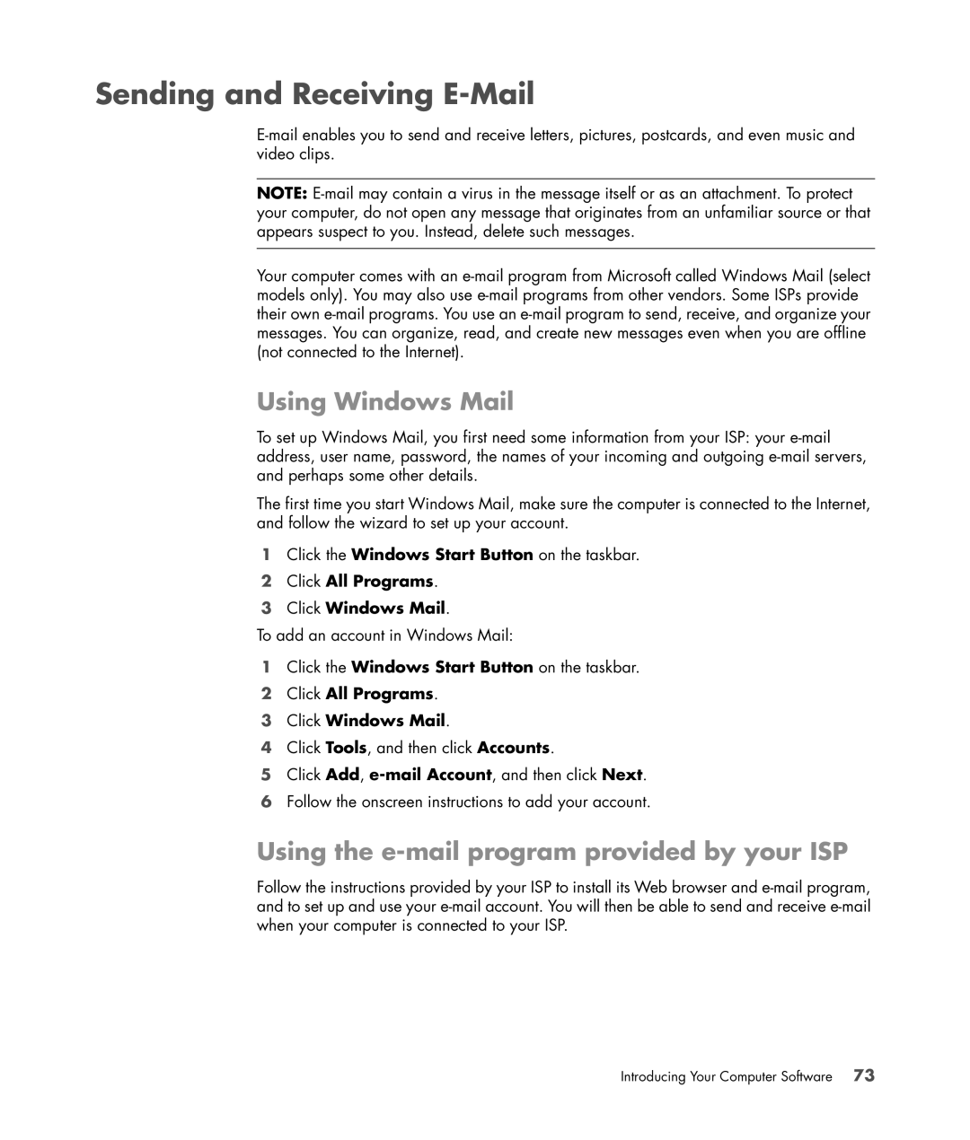 HP SR5113WM, a1520e, a1510y Sending and Receiving E-Mail, Using Windows Mail, Using the e-mail program provided by your ISP 