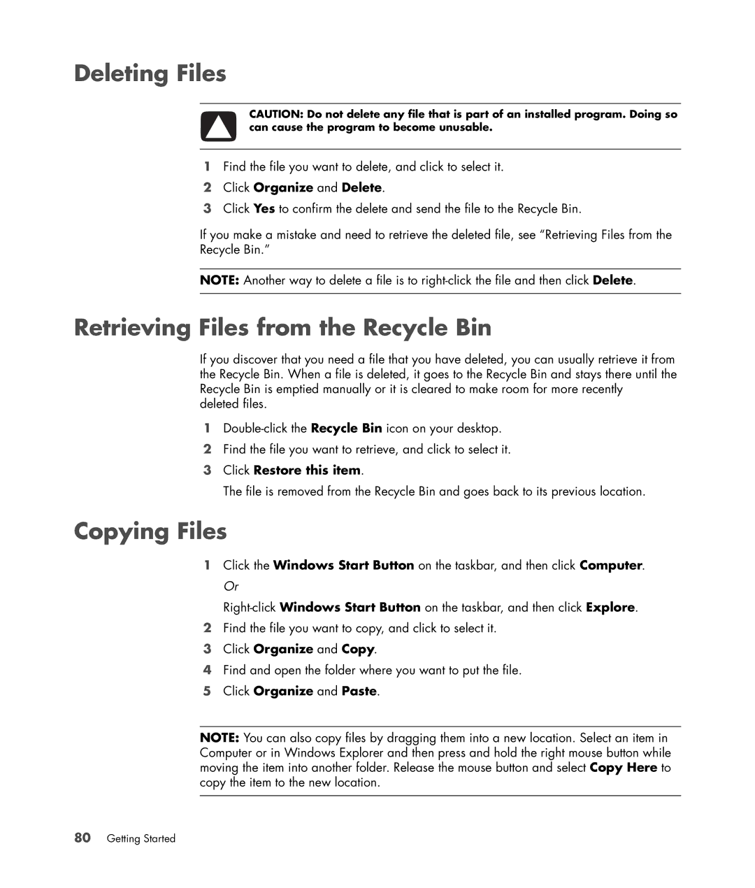 HP SR5015AP, a1520e, a1510y, SR5218HK, SR5223WM, SR5213HK Deleting Files, Retrieving Files from the Recycle Bin, Copying Files 