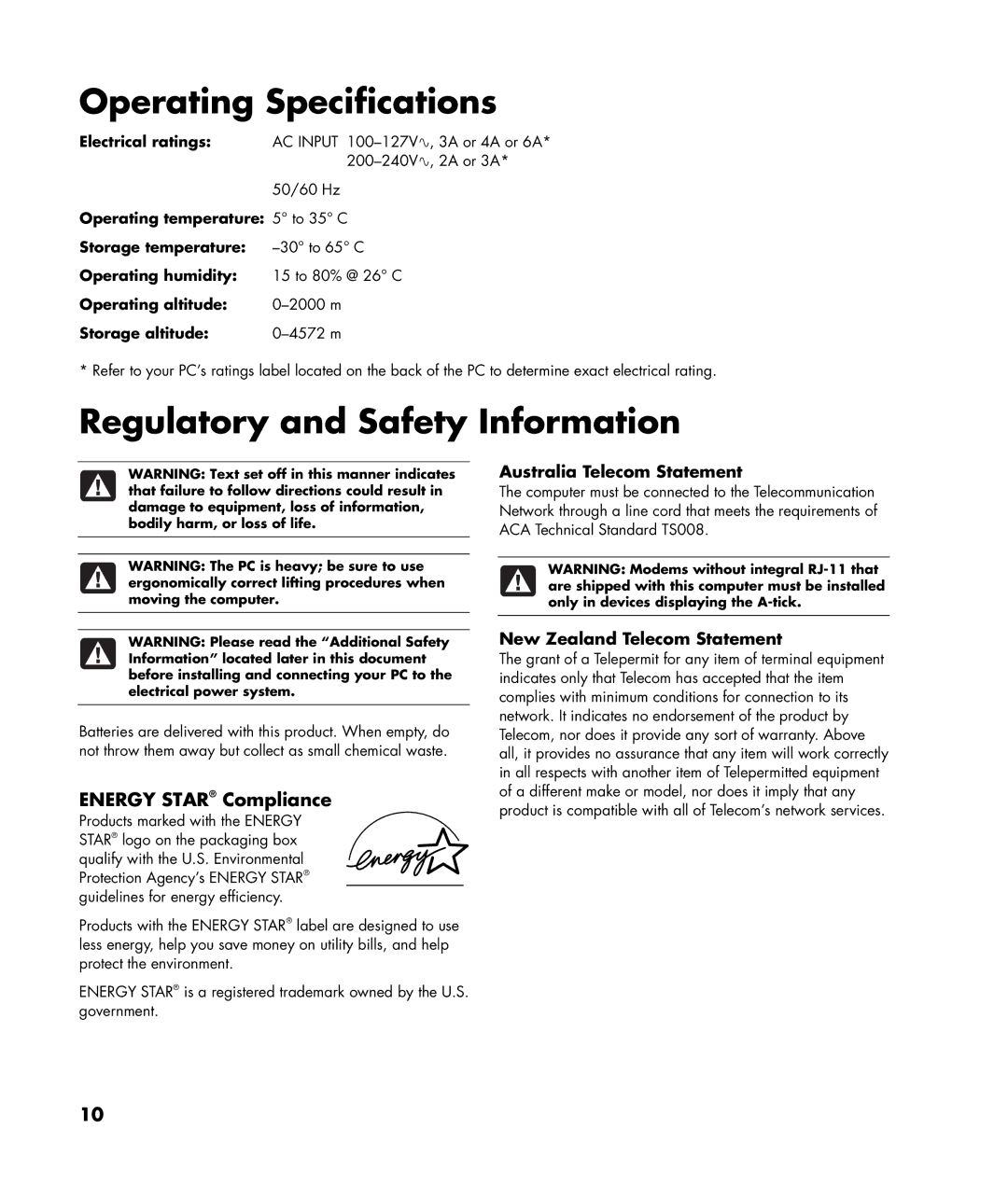 HP SR1922AP Electrical ratings, Operating temperature 5 to 35 C, Storage temperature, Operating humidity, Storage altitude 