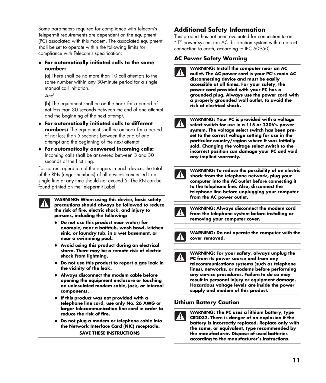 HP SR1918CF, a1590tw, a1580tw, a1590d Additional Safety Information, For automatically initiated calls to the same number 