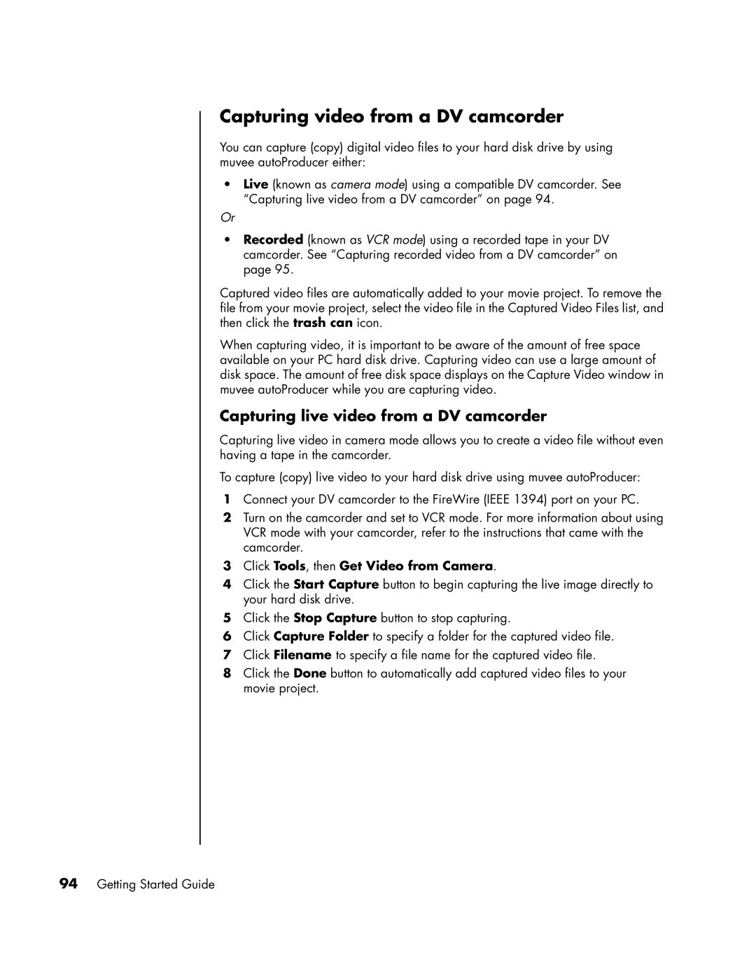 HP SR2014HM, a1593cn, a1590d, a1591cn, a1513in Capturing video from a DV camcorder, Capturing live video from a DV camcorder 