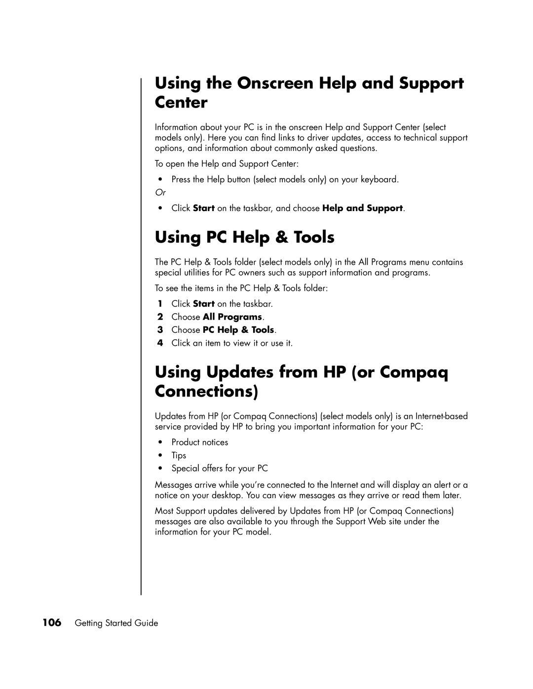 HP SR2054X Using the Onscreen Help and Support Center, Using PC Help & Tools, Using Updates from HP or Compaq Connections 