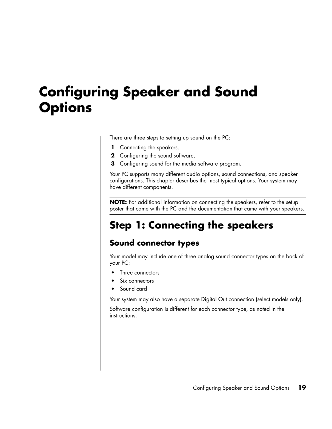 HP SR2001NX, a1593cn, a1590d, a1591cn Configuring Speaker and Sound Options, Connecting the speakers, Sound connector types 