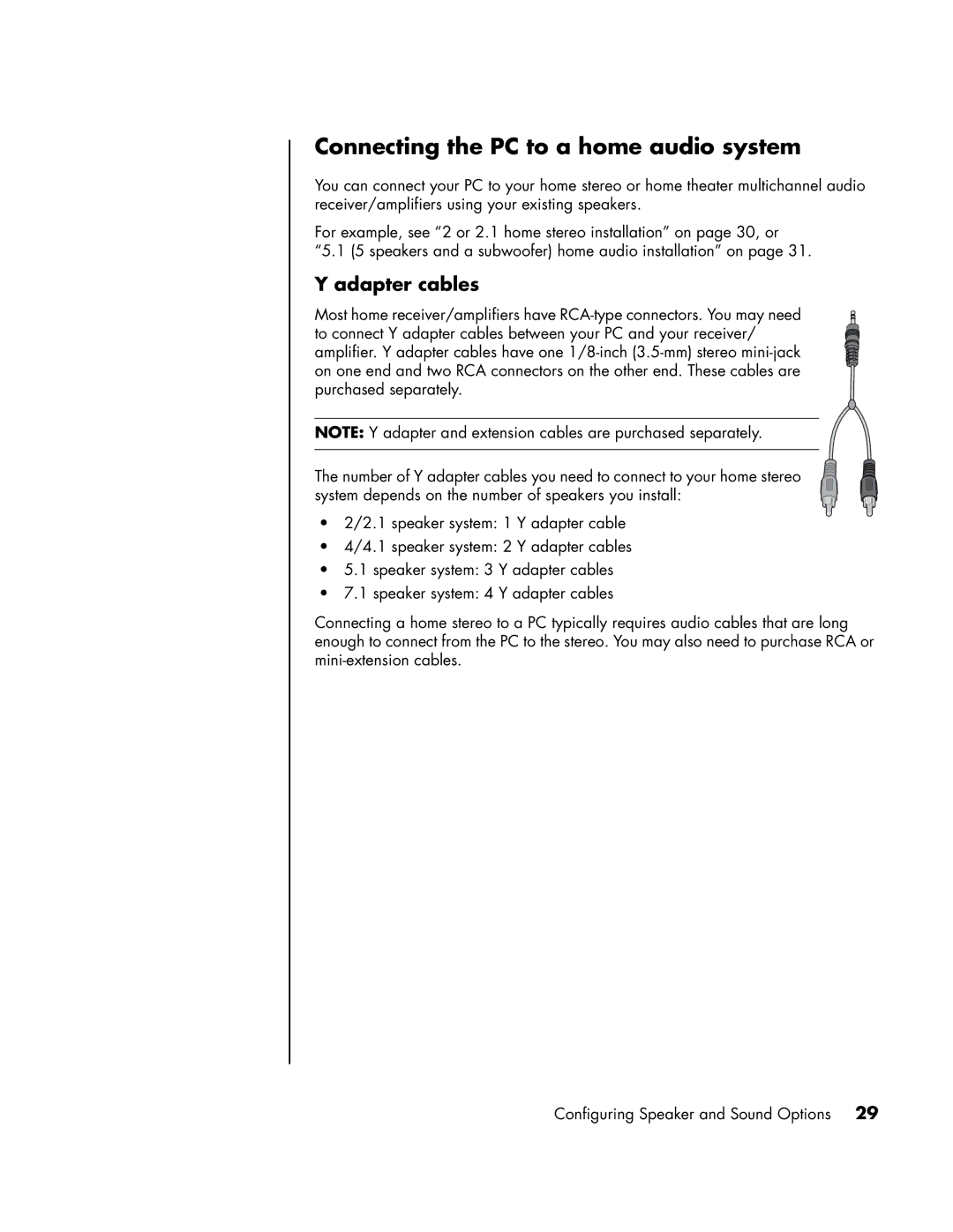 HP SR1974CF, a1593cn, a1590d, a1591cn, a1513in, a1520d, a1513cn, a1410y Connecting the PC to a home audio system, Adapter cables 