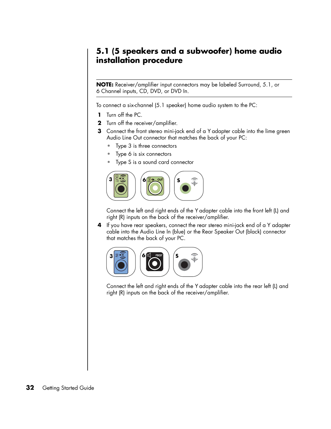 HP SR2006NX, a1593cn, a1590d, a1591cn, a1513in, a1520d, a1513cn manual speakers and a subwoofer home audio installation procedure 