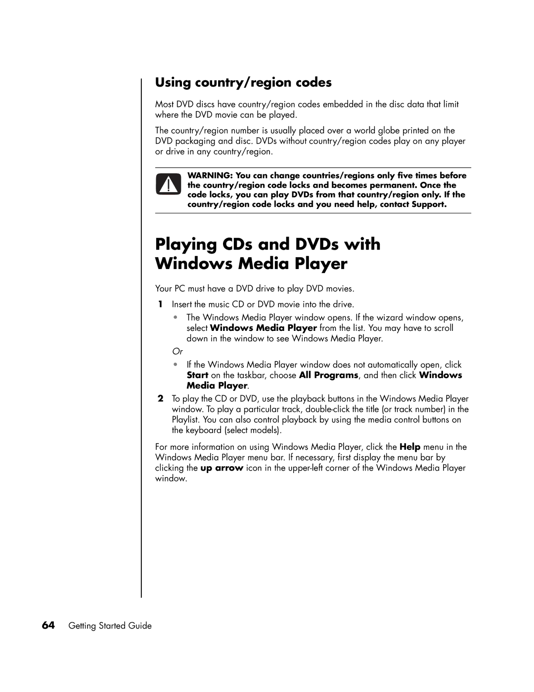 HP SR1958CF, a1593cn, a1590d, a1591cn, a1513in Playing CDs and DVDs with Windows Media Player, Using country/region codes 