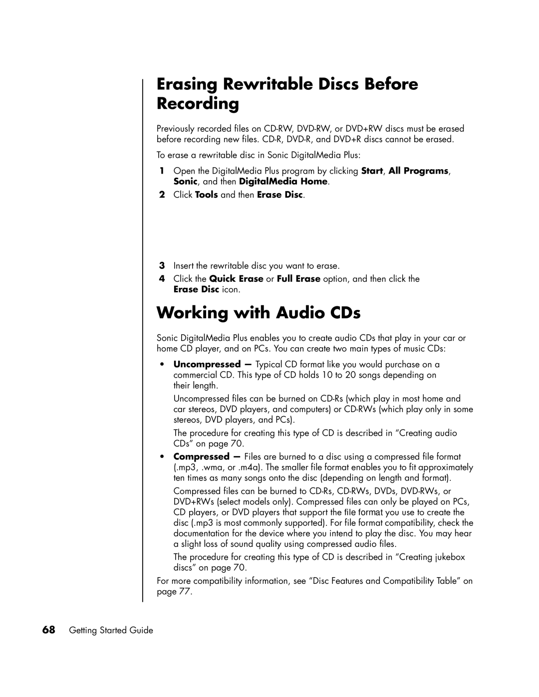 HP SR1918CF, a1593cn, a1590d, a1591cn, a1513in, a1520d manual Erasing Rewritable Discs Before Recording, Working with Audio CDs 