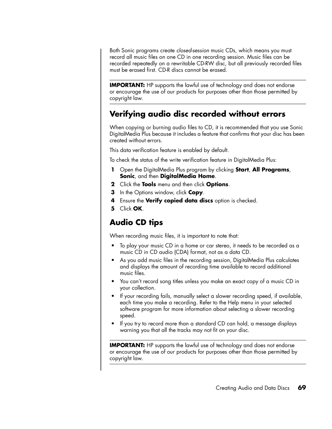 HP SR1904AP, a1593cn, a1590d, a1591cn, a1513in, a1520d, a1513cn Verifying audio disc recorded without errors, Audio CD tips 