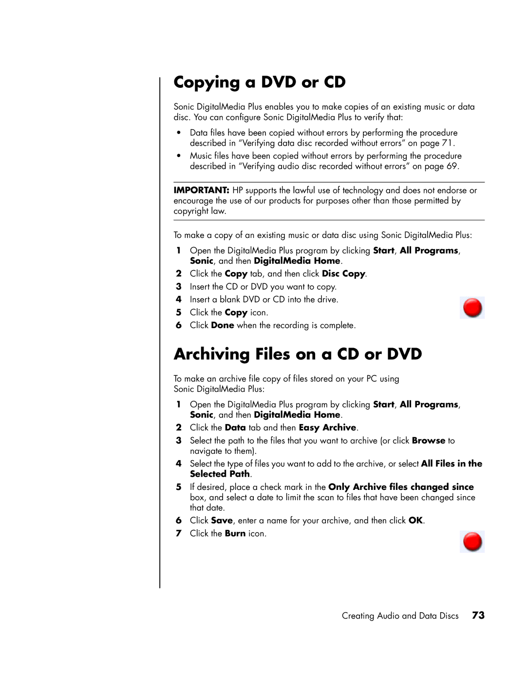 HP SR1911X, a1593cn, a1590d, a1591cn, a1513in, a1520d, a1513cn, a1410y manual Copying a DVD or CD, Archiving Files on a CD or DVD 