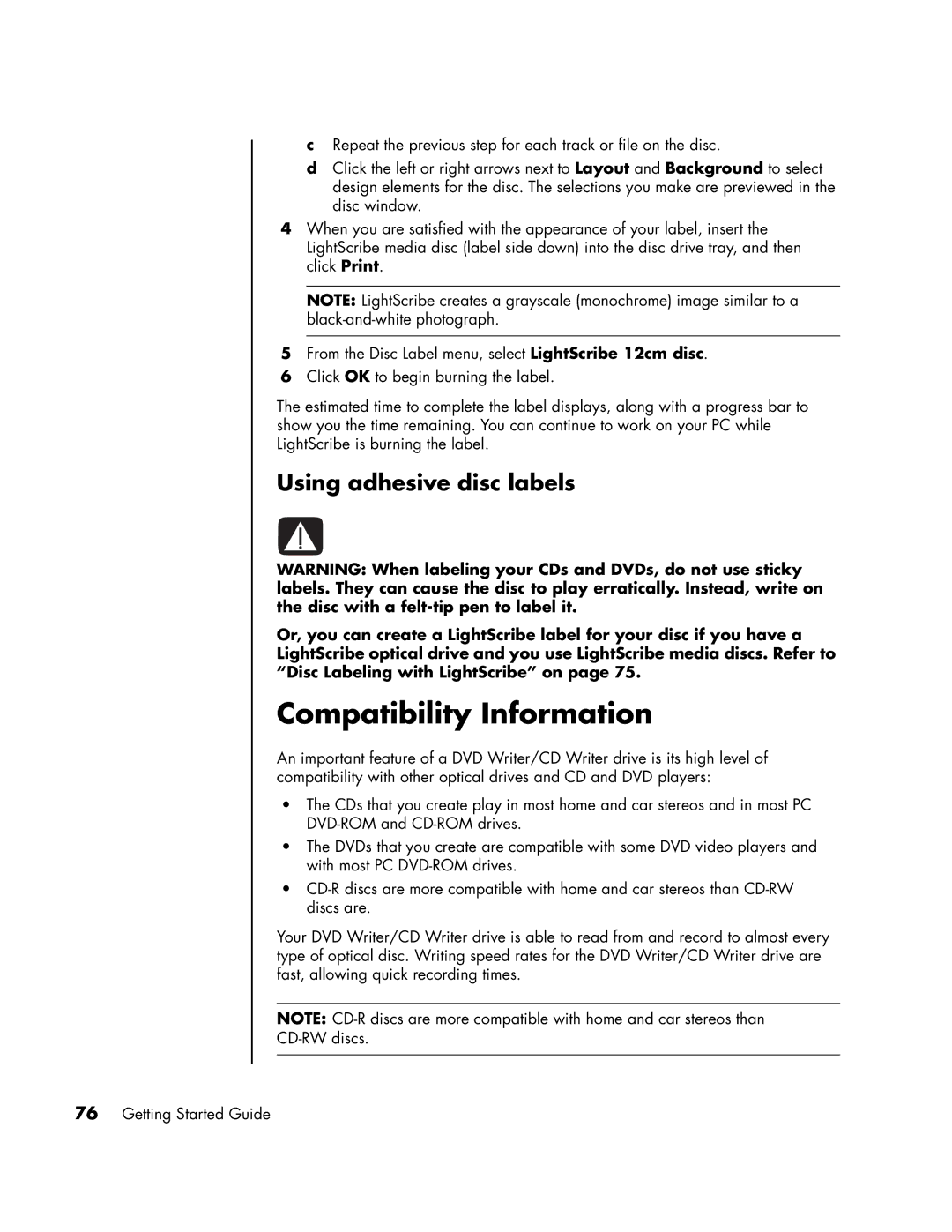 HP SR1900AP, a1593cn, a1590d, a1591cn, a1513in, a1520d, a1513cn, a1410y Compatibility Information, Using adhesive disc labels 