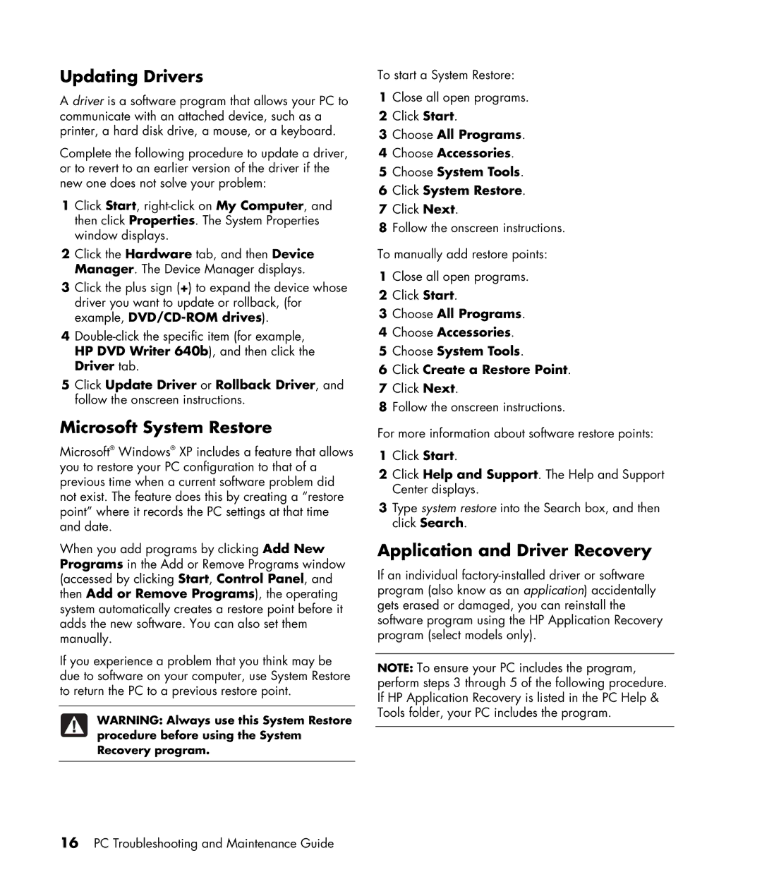 HP a1410y, a1644x, a1513in manual Updating Drivers, Microsoft System Restore, Application and Driver Recovery 