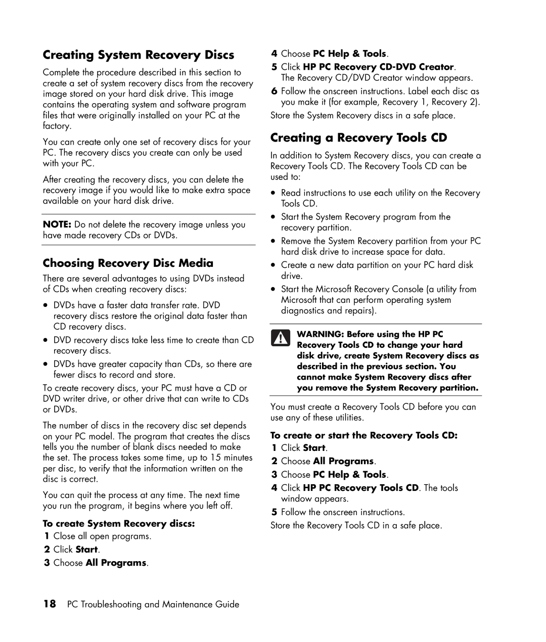 HP a1513in, a1644x Creating a Recovery Tools CD, To create System Recovery discs, To create or start the Recovery Tools CD 