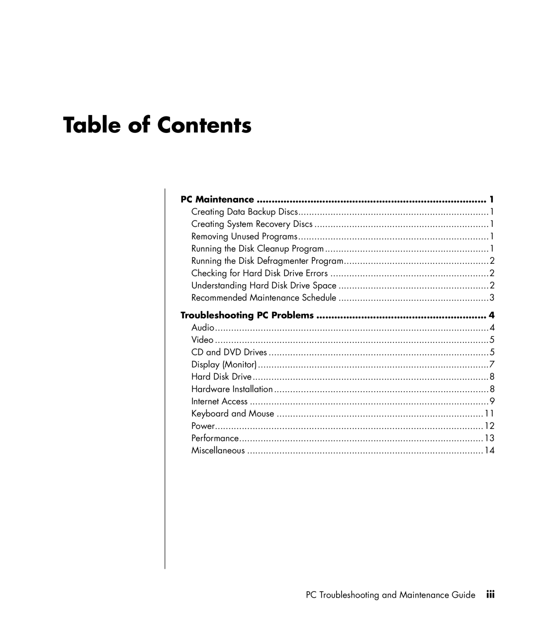 HP a1644x, a1513in, a1410y manual Table of Contents 