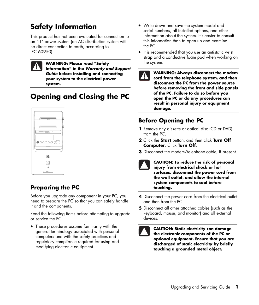 HP a1510tw, a1644x, a1580tw, a1590d Safety Information, Opening and Closing the PC, Preparing the PC, Before Opening the PC 