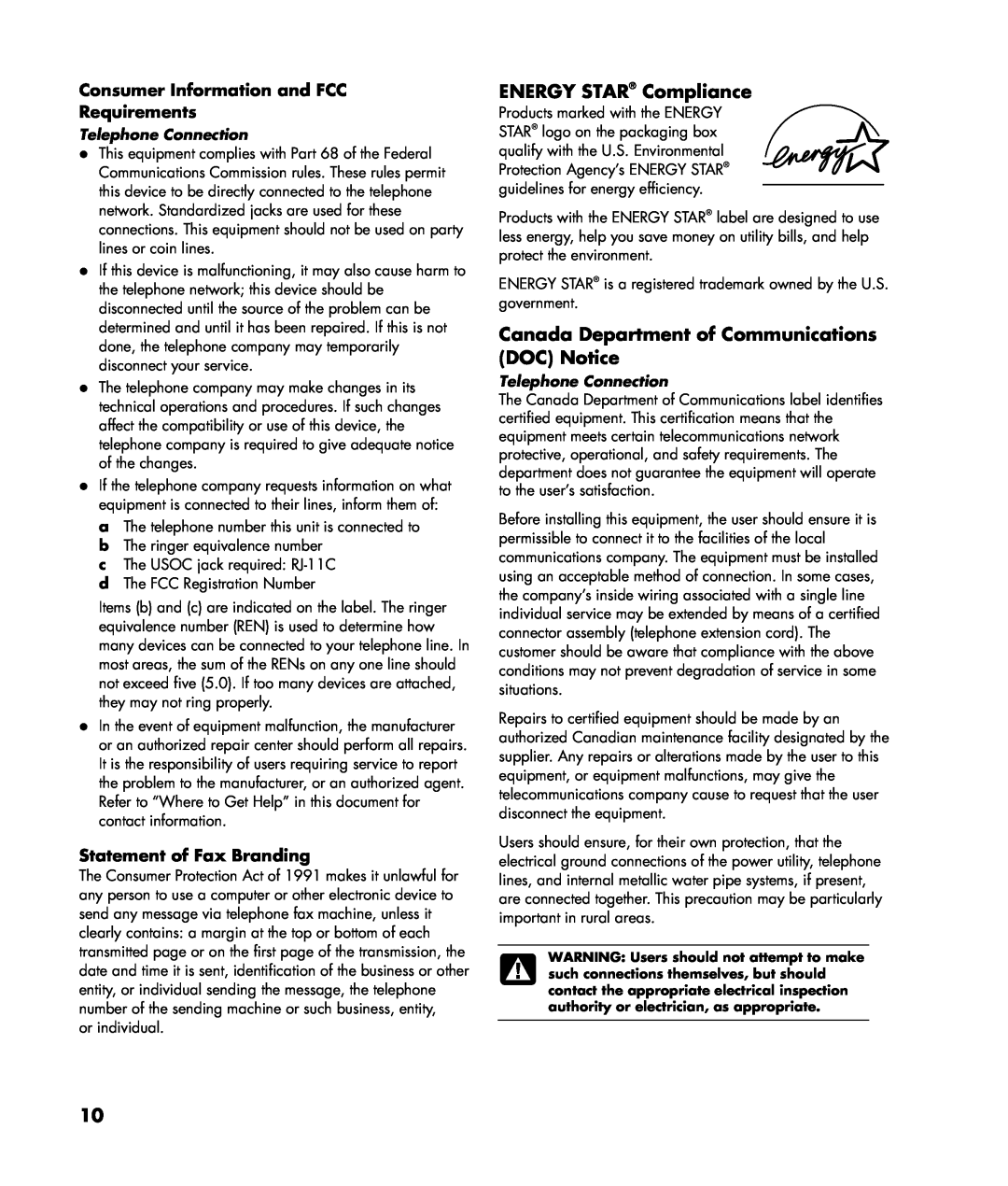 HP SR2050NX, a1644x manual ENERGY STAR Compliance, Canada Department of Communications DOC Notice, Statement of Fax Branding 