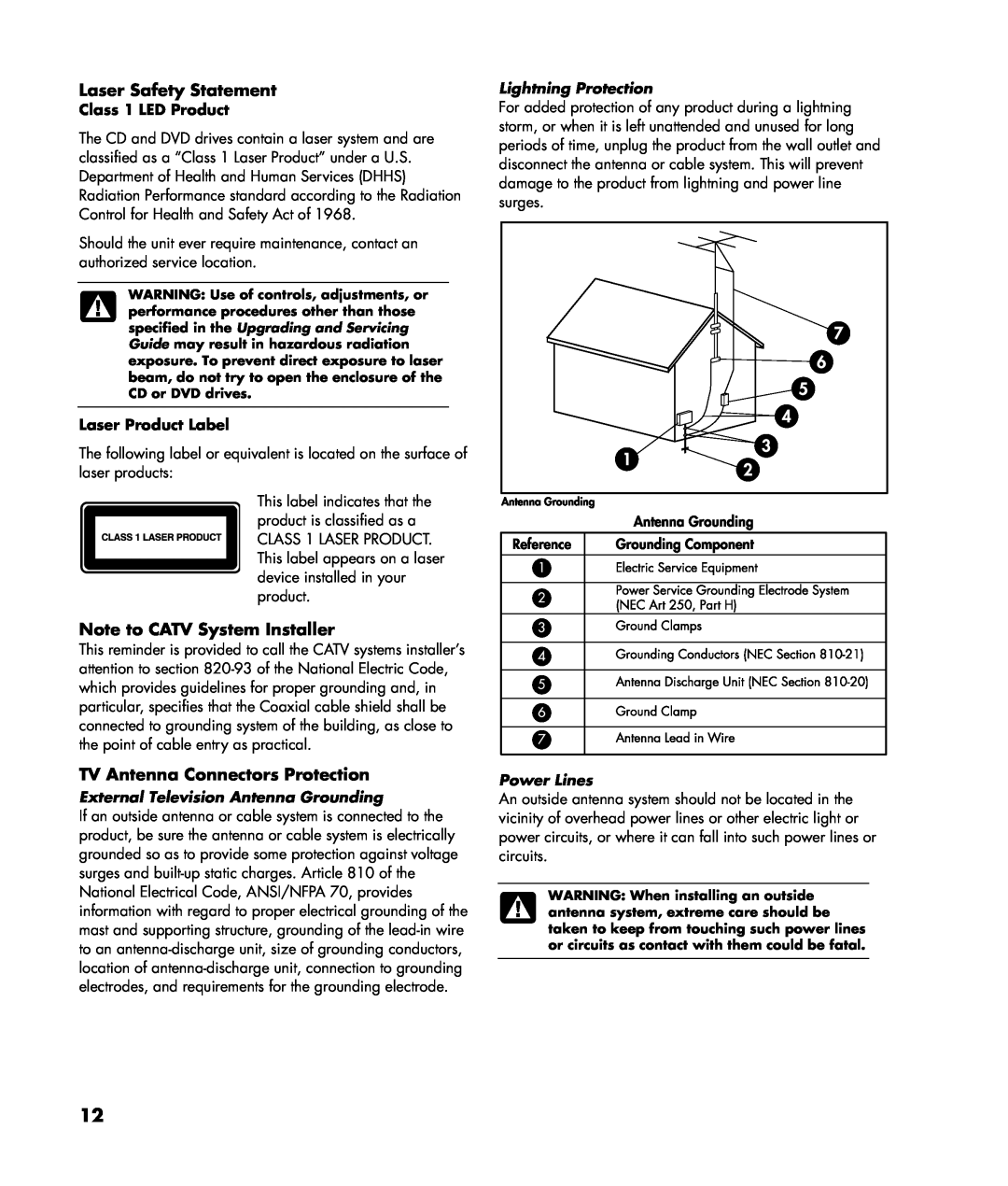 HP SR2038X Laser Safety Statement, Note to CATV System Installer, TV Antenna Connectors Protection, Lightning Protection 