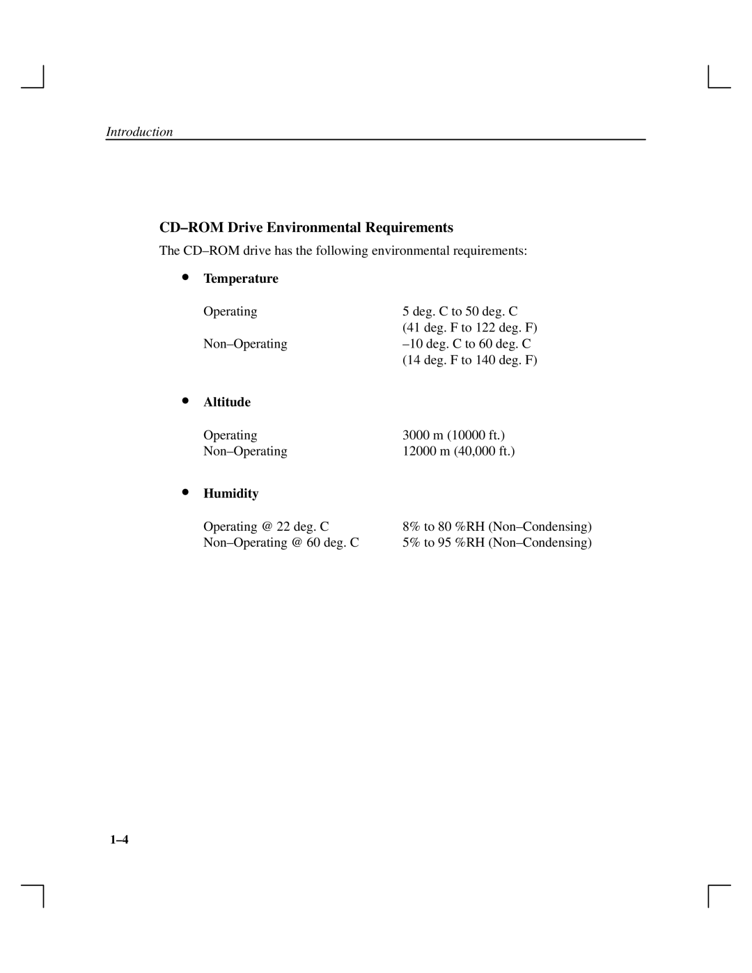 HP A165890669 manual CD±ROM Drive Environmental Requirements, Temperature, Altitude, Humidity 