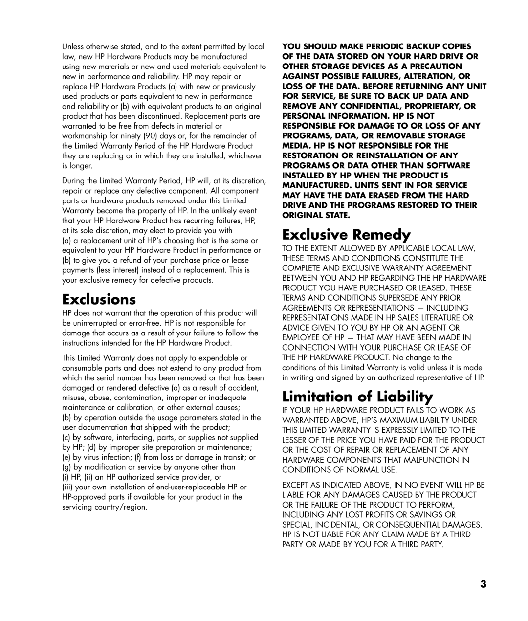 HP a1720n, a1700n, a1767c, a1719n, a1748x, a1744x, a1742n, a1740n, a1726x Exclusions, Exclusive Remedy, Limitation of Liability 