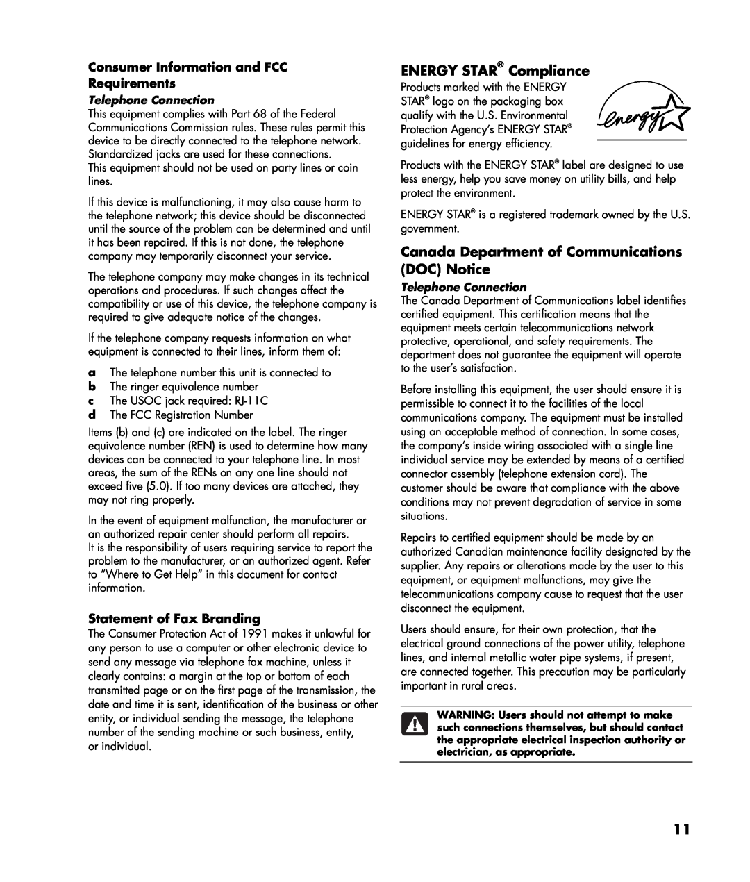 HP SR5050NX, a1700n manual ENERGY STAR Compliance, Canada Department of Communications DOC Notice, Statement of Fax Branding 