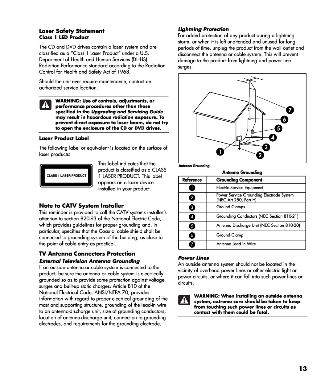 HP SR5023WM Laser Safety Statement, Note to CATV System Installer, TV Antenna Connectors Protection, Class 1 LED Product 