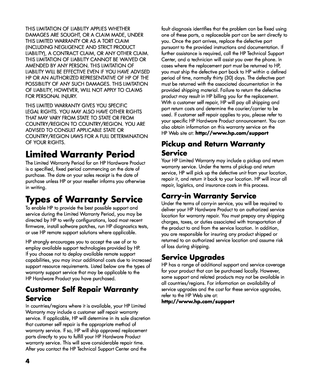 HP a1748x Limited Warranty Period, Types of Warranty Service, Customer Self Repair Warranty Service, Service Upgrades 