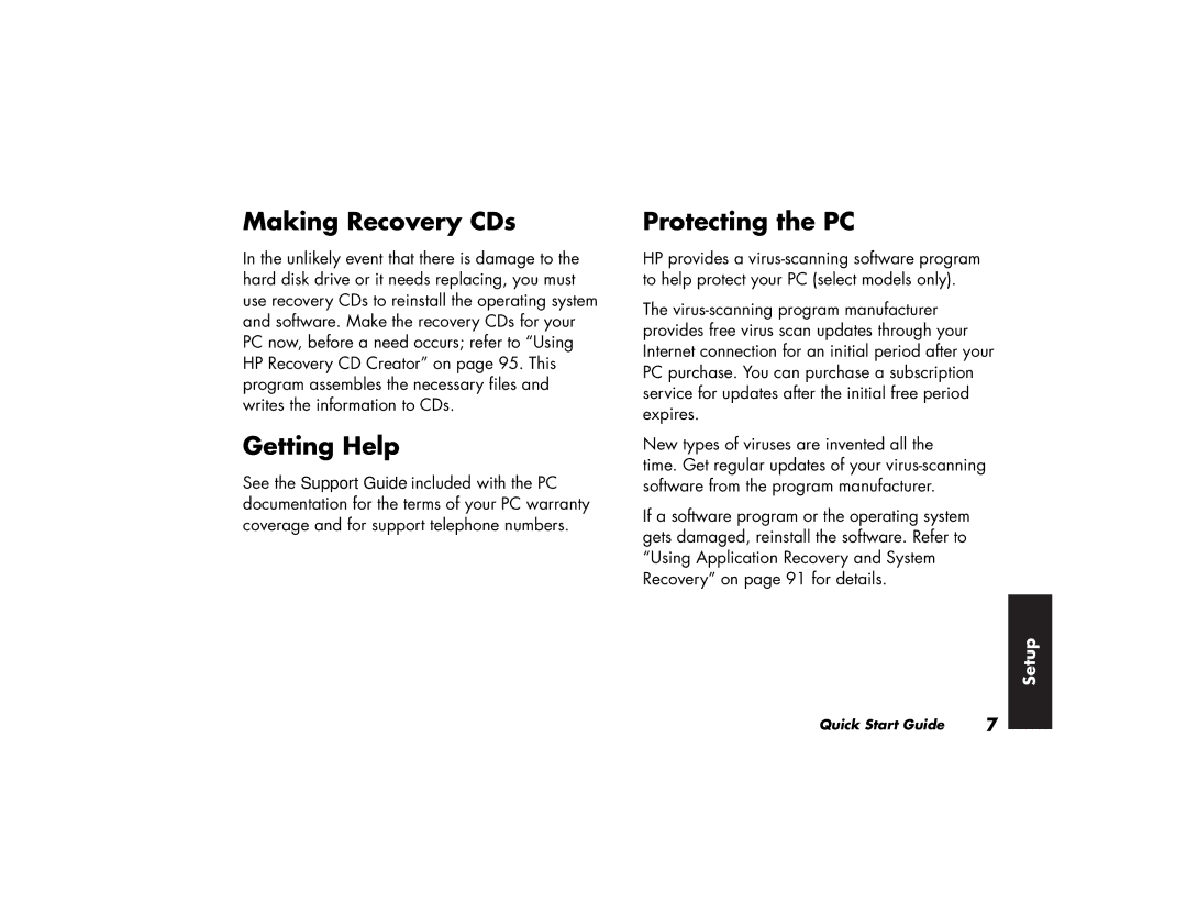 HP a170.uk, a118.uk, a115.uk, a120.uk, a110.uk manual Making Recovery CDs, Getting Help, Protecting the PC 