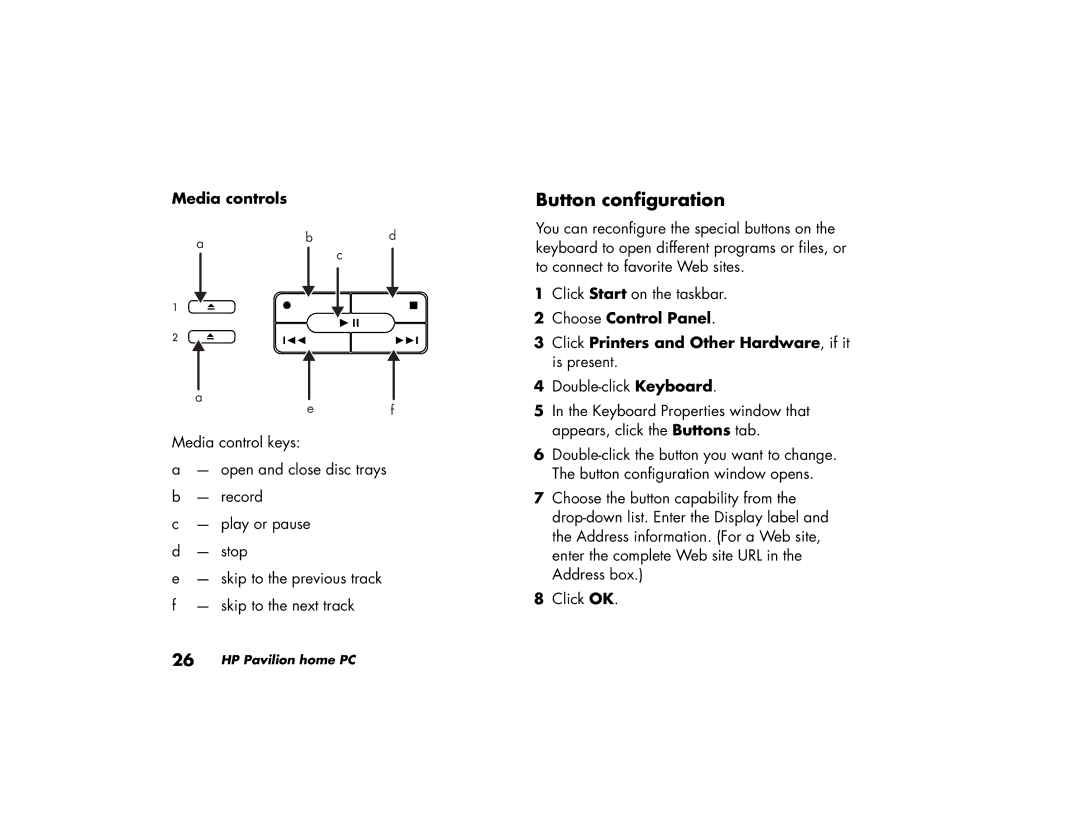 HP a110.uk, a170.uk, a118.uk, a115.uk, a120.uk manual Button configuration, Media controls, Choose Control Panel 