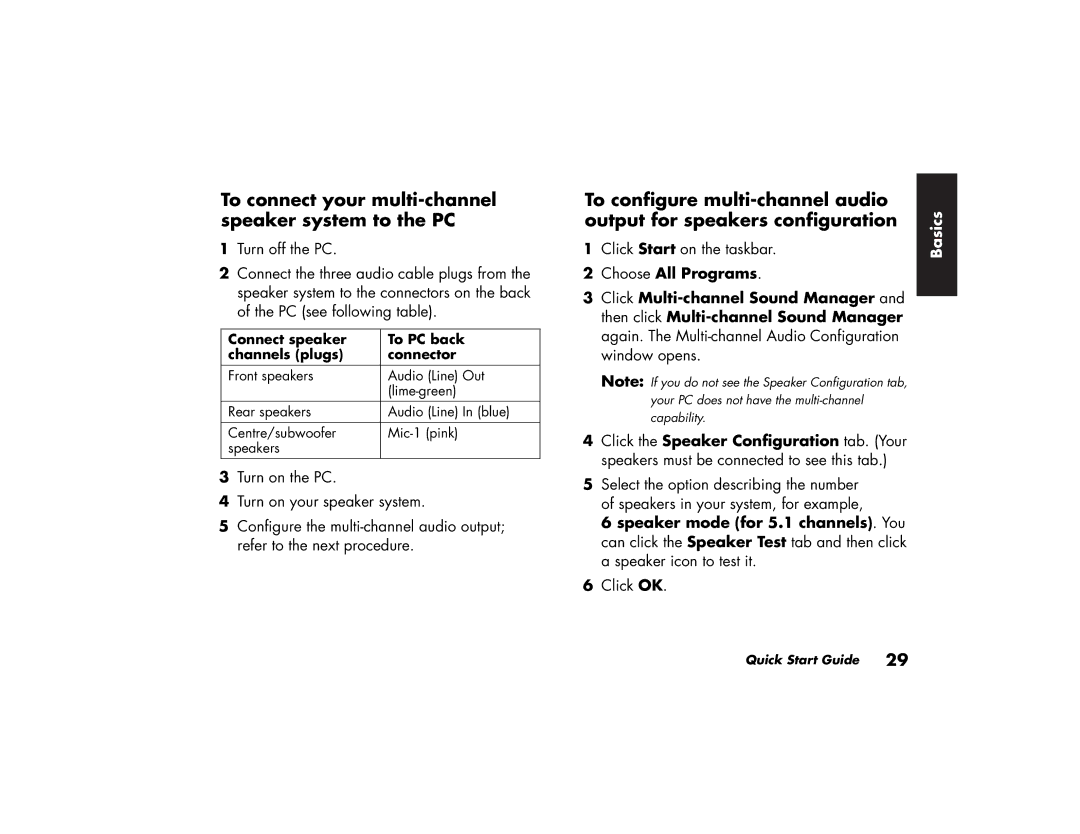 HP a115.uk, a170.uk, a118.uk manual To connect your multi-channel speaker system to the PC, To configure multi-channel audio 