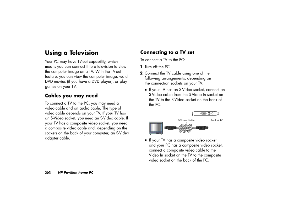 HP a115.uk, a170.uk, a118.uk, a120.uk, a110.uk manual Using a Television, Cables you may need, Connecting to a TV set 