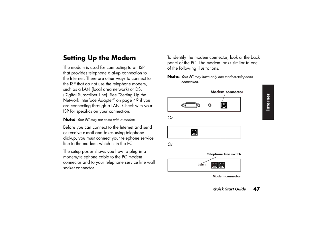 HP a170.uk, a118.uk, a115.uk, a120.uk, a110.uk manual Setting Up the Modem 