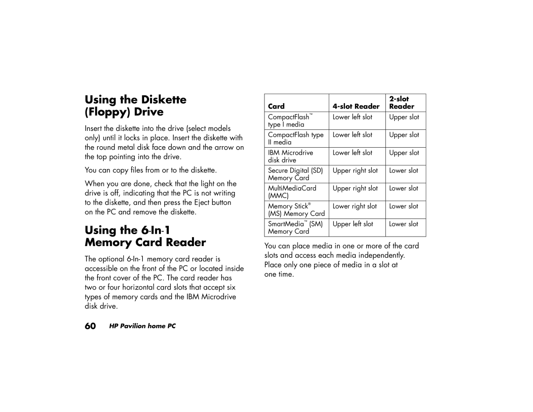 HP a120.uk, a170.uk, a118.uk, a115.uk, a110.uk manual Using the Diskette Floppy Drive, Using the 6-In-1 Memory Card Reader 