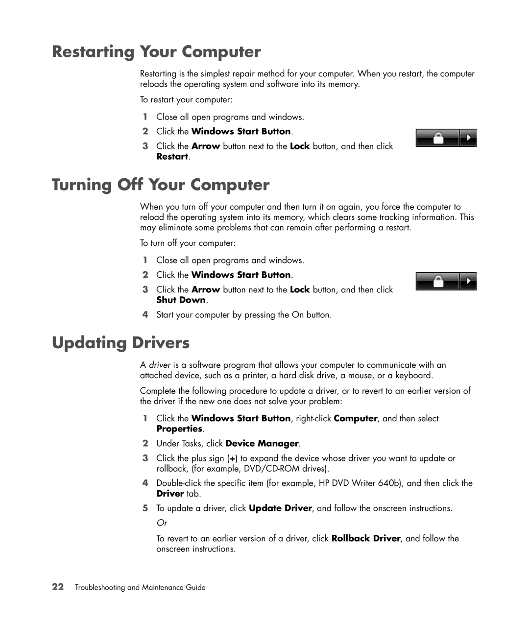 HP SR5023WM, a1712n Restarting Your Computer, Turning Off Your Computer, Updating Drivers, Click the Windows Start Button 