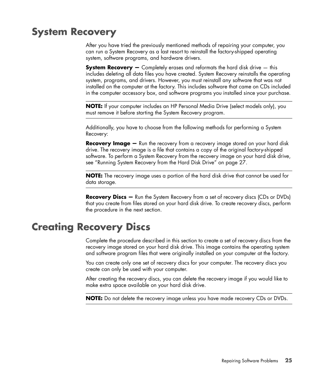 HP SR5016HK, a1712n, a1709n, a1700n, a1767c, a1530a, a1520e, a1510y, a1719n, a1720n manual System Recovery, Creating Recovery Discs 