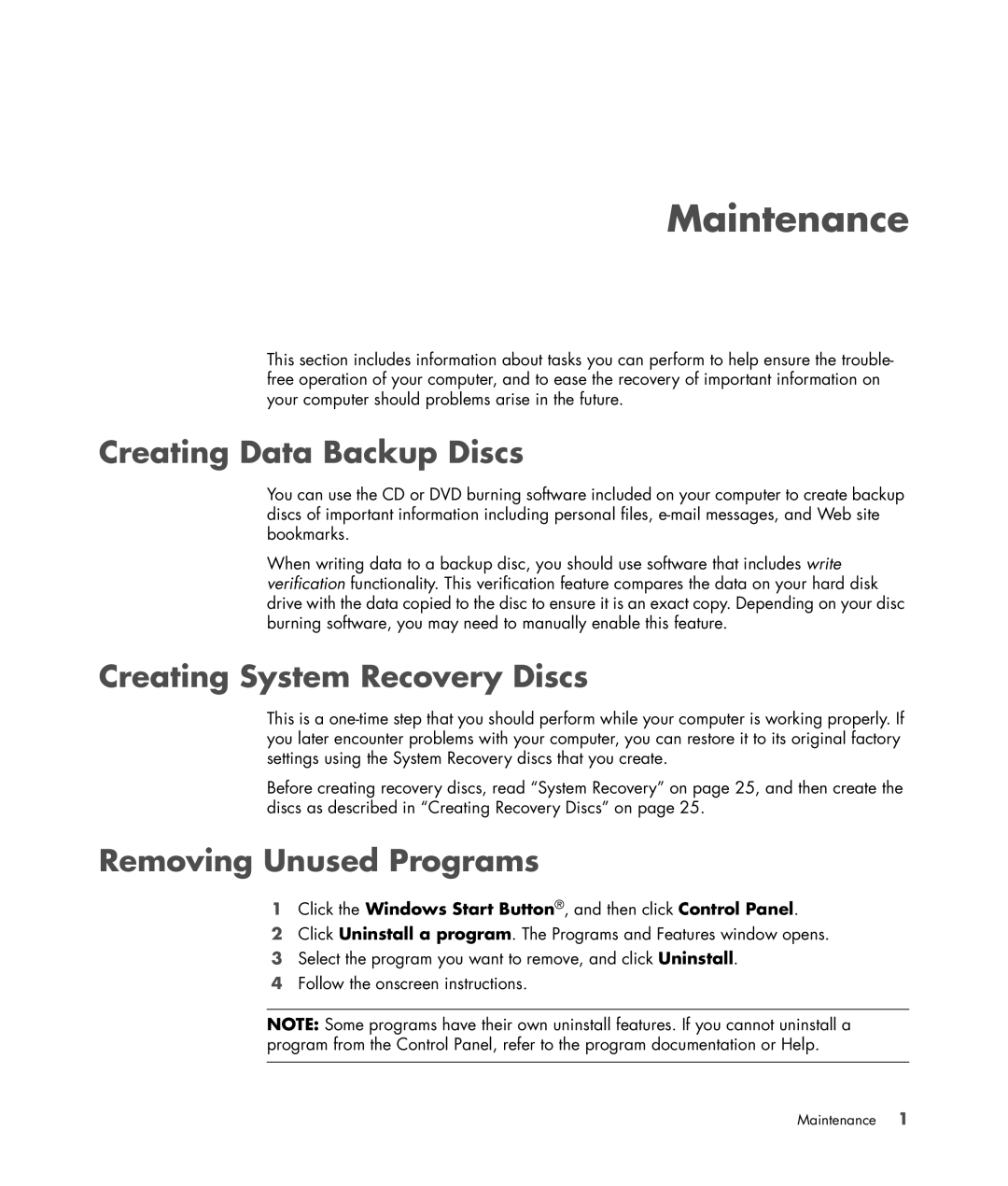 HP a1520e, a1712n, a1709n, a1700n manual Creating Data Backup Discs, Creating System Recovery Discs, Removing Unused Programs 