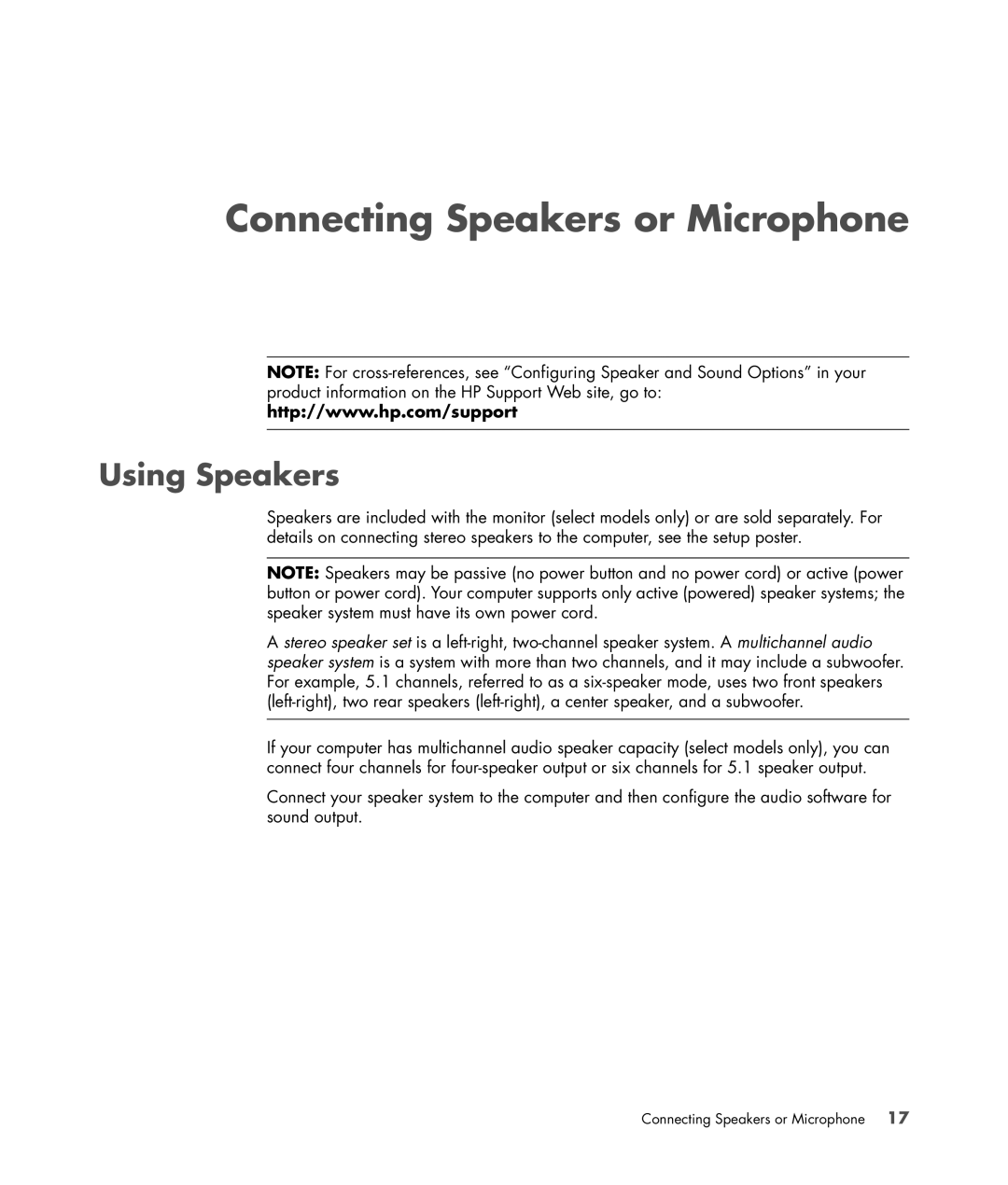 HP a1740n, a1712n, a1709n, a1700n, a1767c, a1530a, a1719n, a1720n, a1748x manual Connecting Speakers or Microphone, Using Speakers 