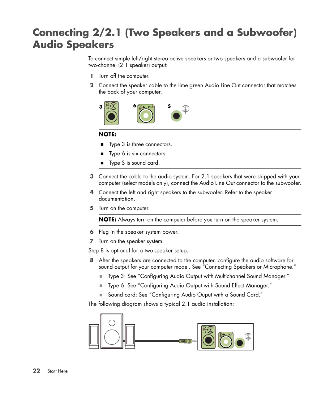 HP a1712n, a1709n, a1700n, a1767c, a1530a, a1719n, a1720n, a1748x Connecting 2/2.1 Two Speakers and a Subwoofer Audio Speakers 