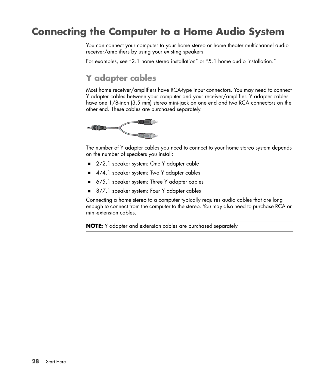 HP a1720n, a1712n, a1709n, a1700n, a1767c, a1530a, a1719n, a1748x Connecting the Computer to a Home Audio System, Adapter cables 