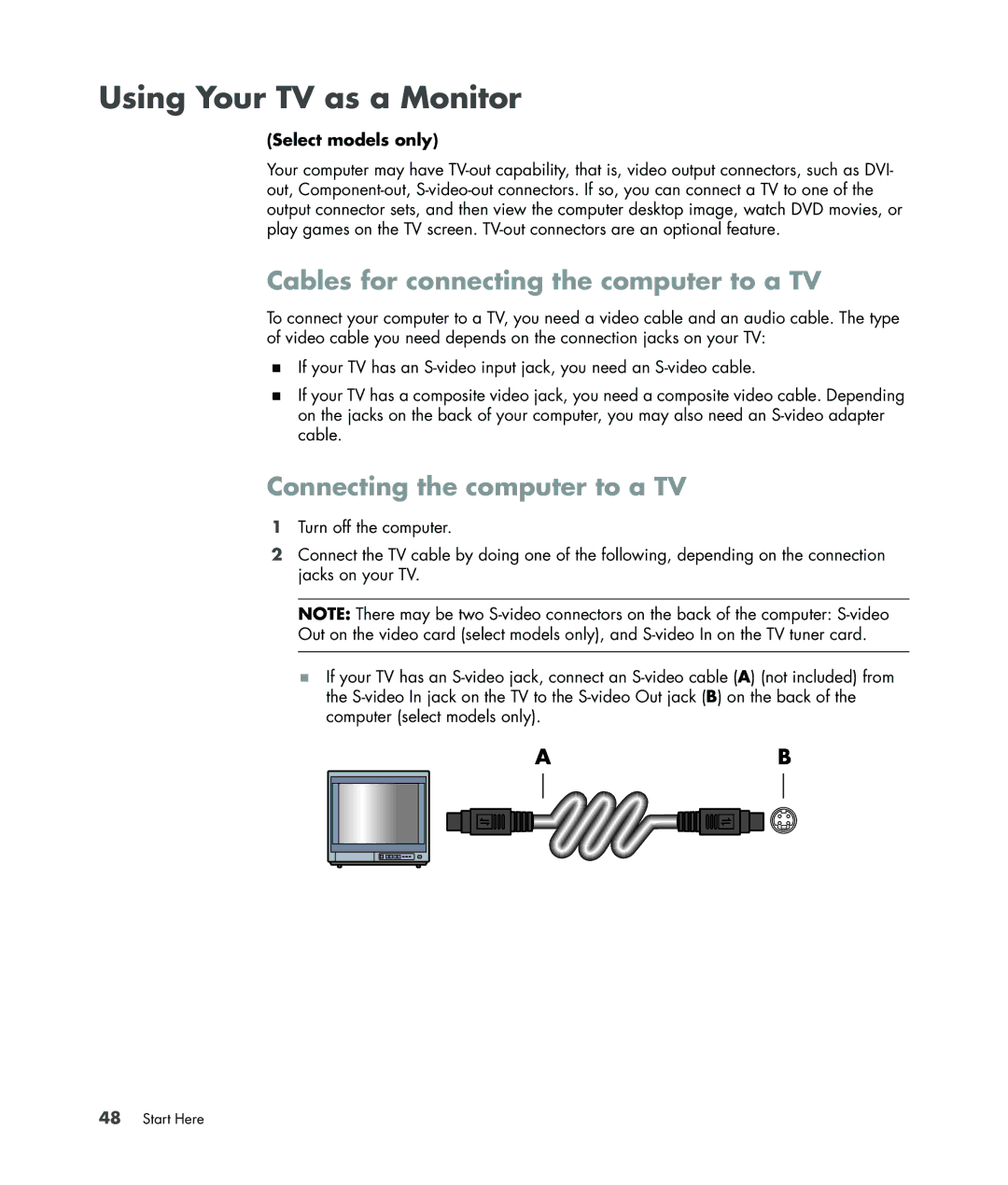 HP a1726x, a1712n Using Your TV as a Monitor, Cables for connecting the computer to a TV, Connecting the computer to a TV 