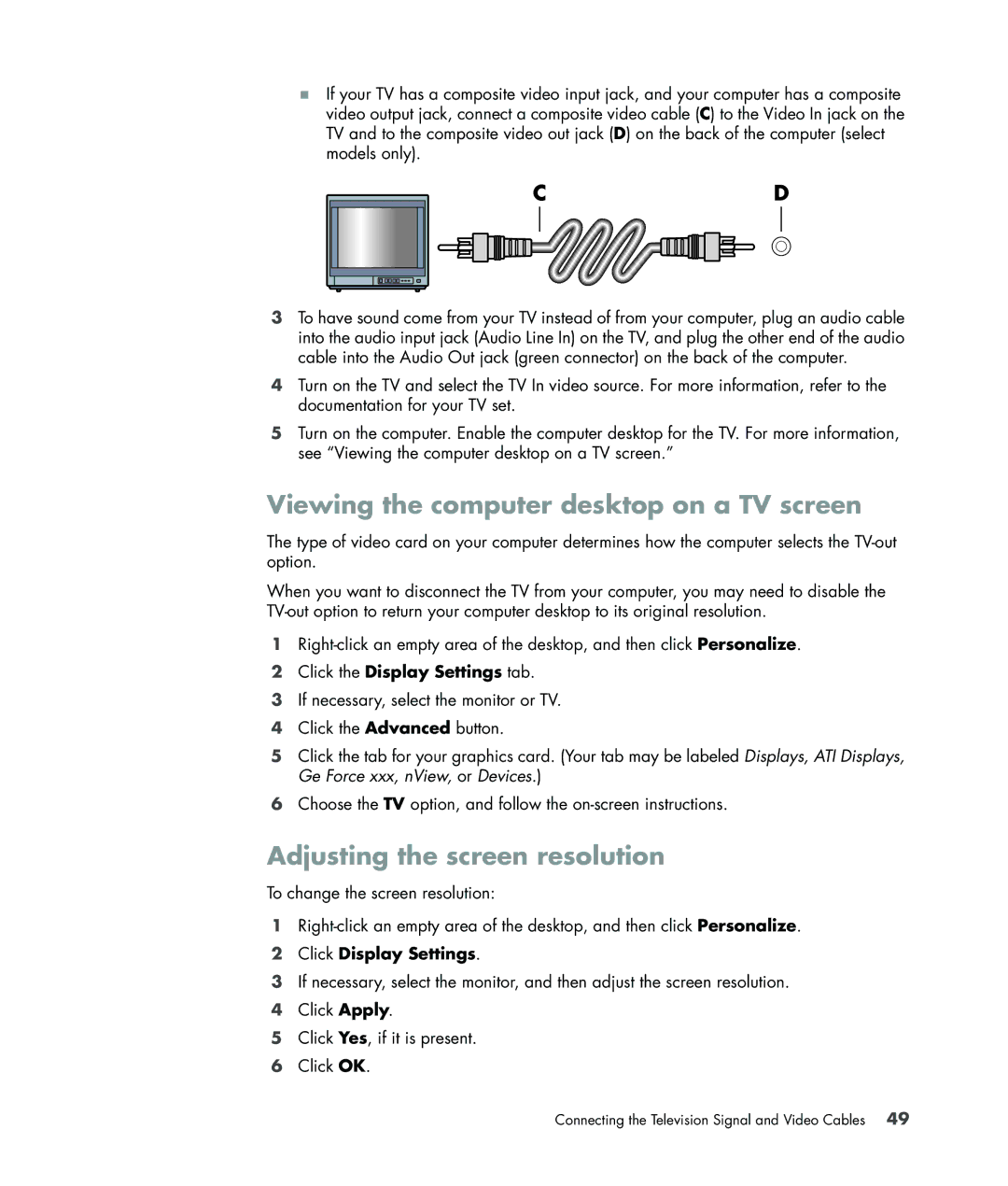 HP a1723w Viewing the computer desktop on a TV screen, Adjusting the screen resolution, Click the Display Settings tab 