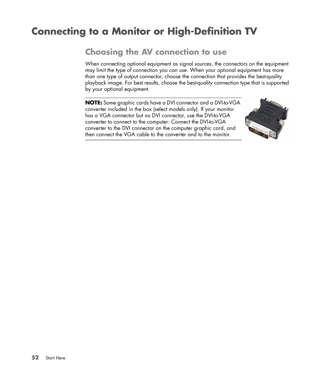 HP a1700n, a1712n, a1709n, a1767c, a1530a Connecting to a Monitor or High-Definition TV, Choosing the AV connection to use 