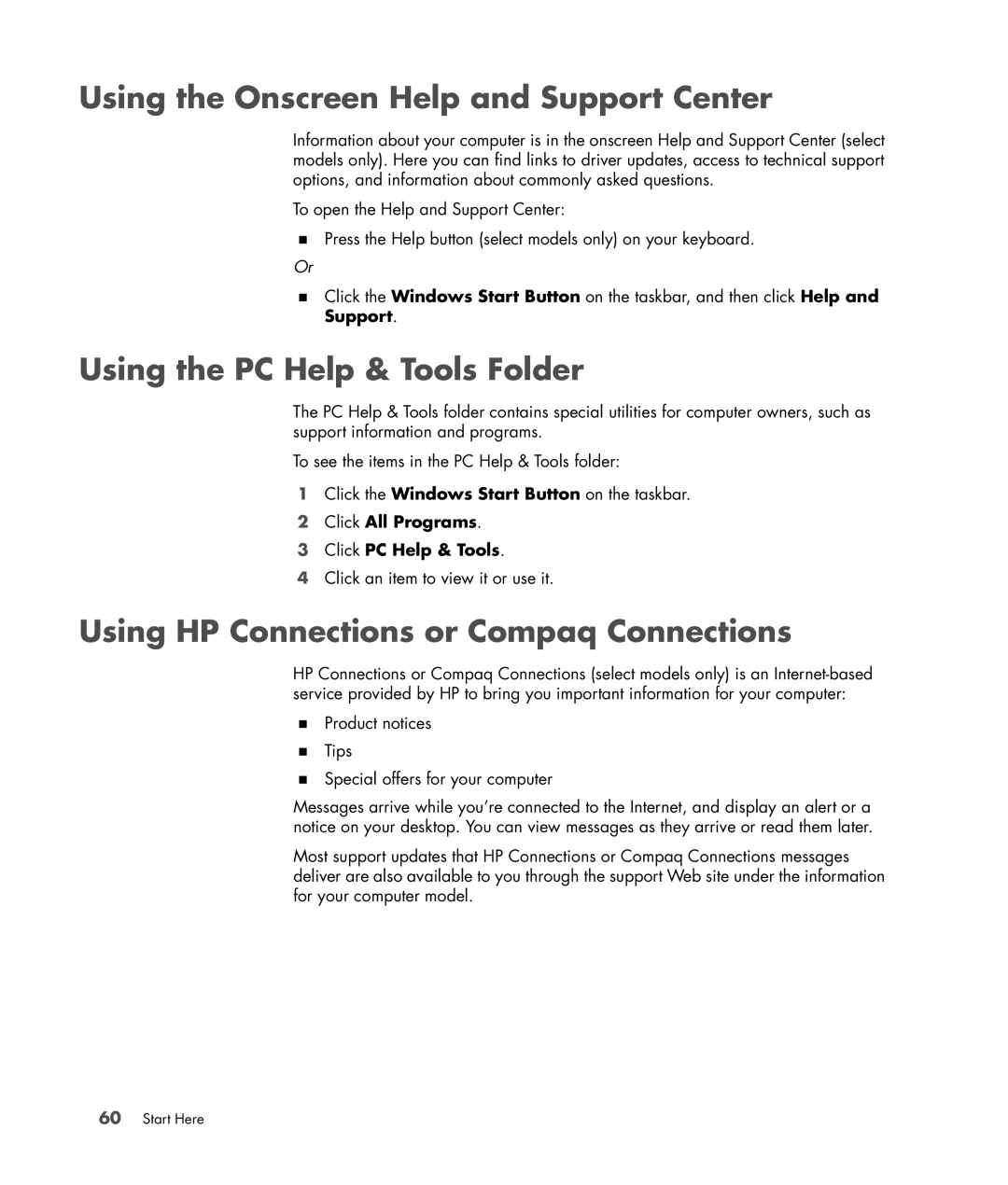 HP a1730n, a1712n, a1709n, a1700n, a1767c, a1530a Using the Onscreen Help and Support Center, Using the PC Help & Tools Folder 