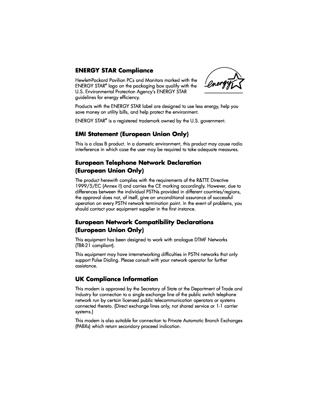 HP a171.uk, a145.uk, a150.uk, a118.uk ENERGY STAR Compliance, EMI Statement European Union Only, UK Compliance Information 