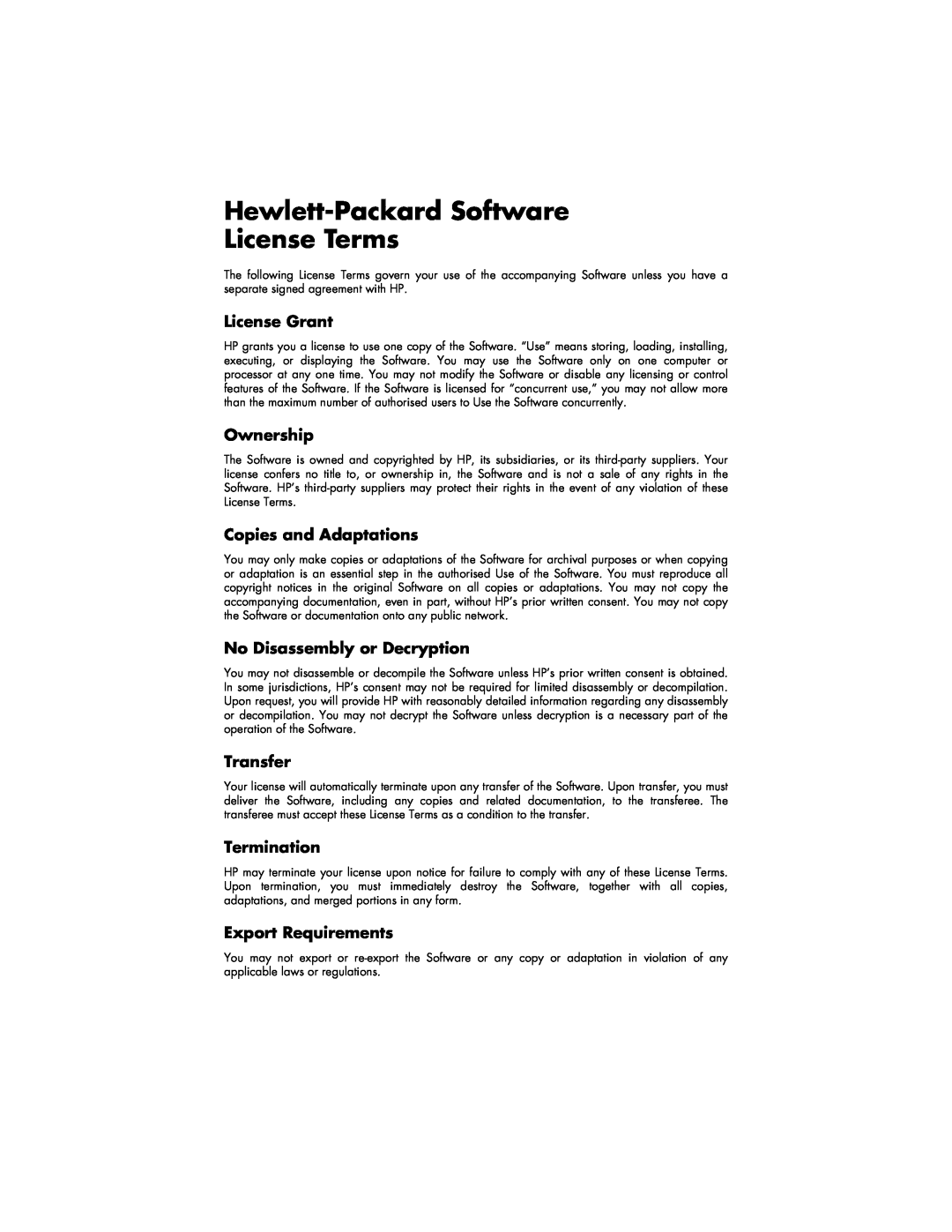 HP a110.uk Hewlett-Packard Software License Terms, License Grant, Ownership, Copies and Adaptations, Transfer, Termination 