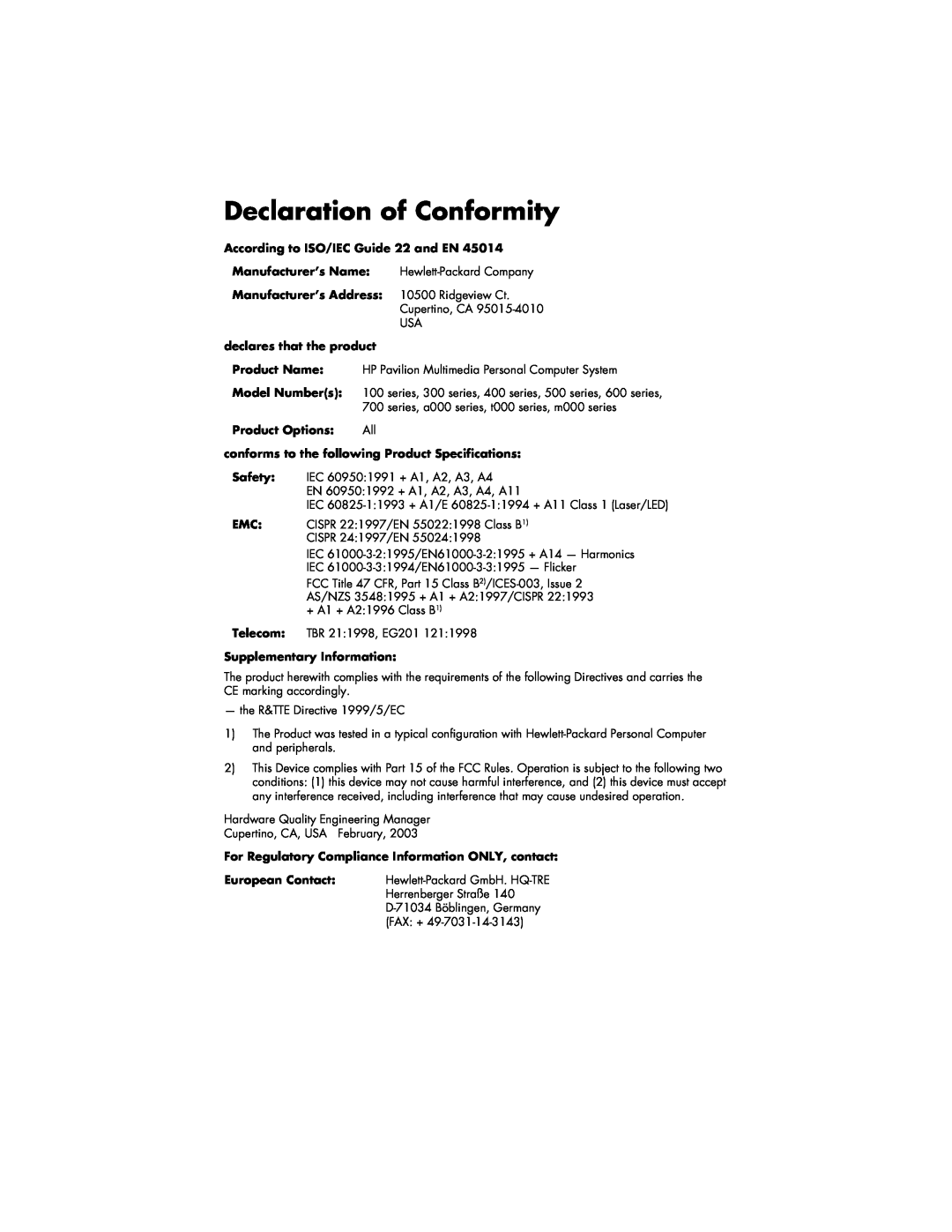 HP a118.uk Declaration of Conformity, According to ISO/IEC Guide 22 and EN, Manufacturer’s Address 10500 Ridgeview Ct 