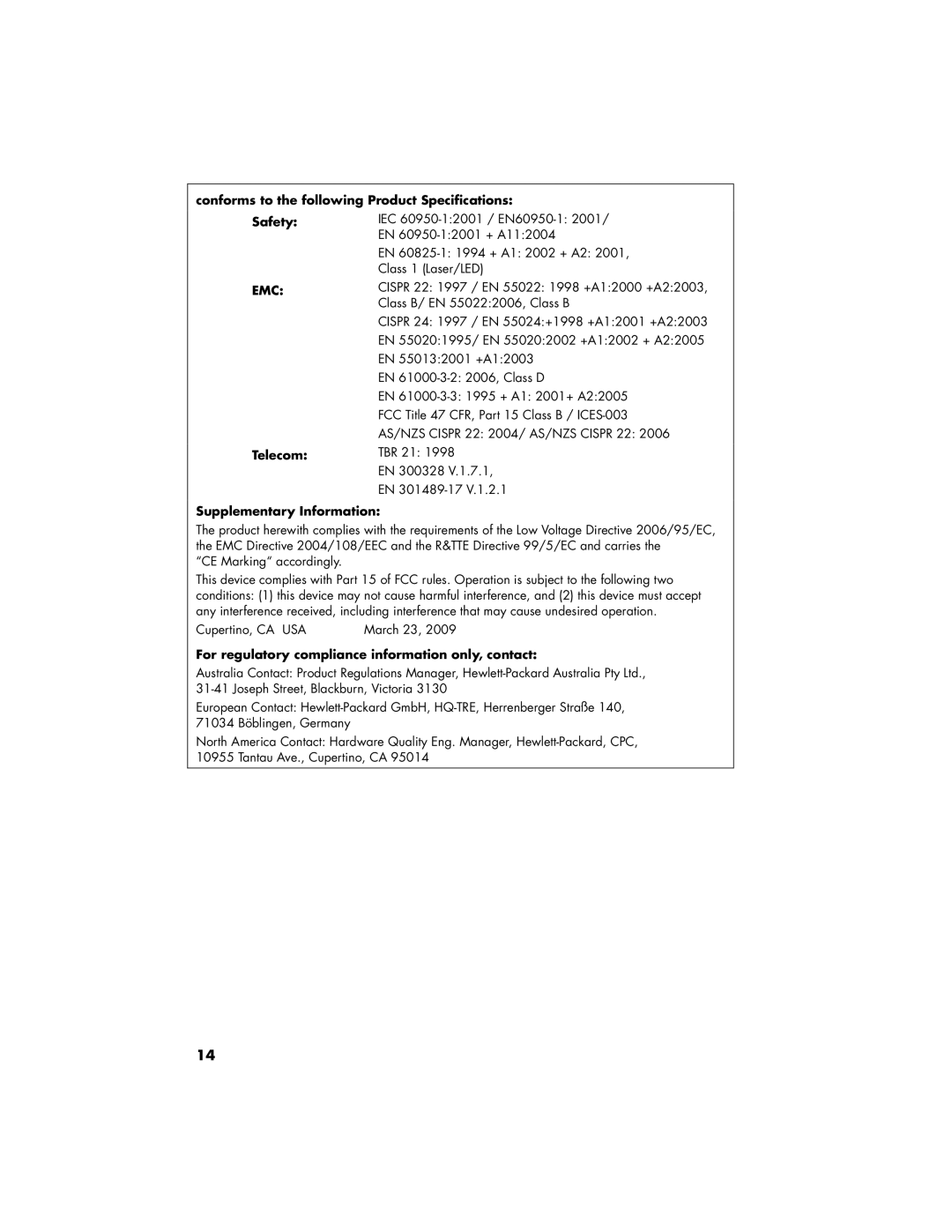 HP a1747c, a1777c, SR5127CL, SR5027CL Conforms to the following Product Specifications, Telecom, Supplementary Information 