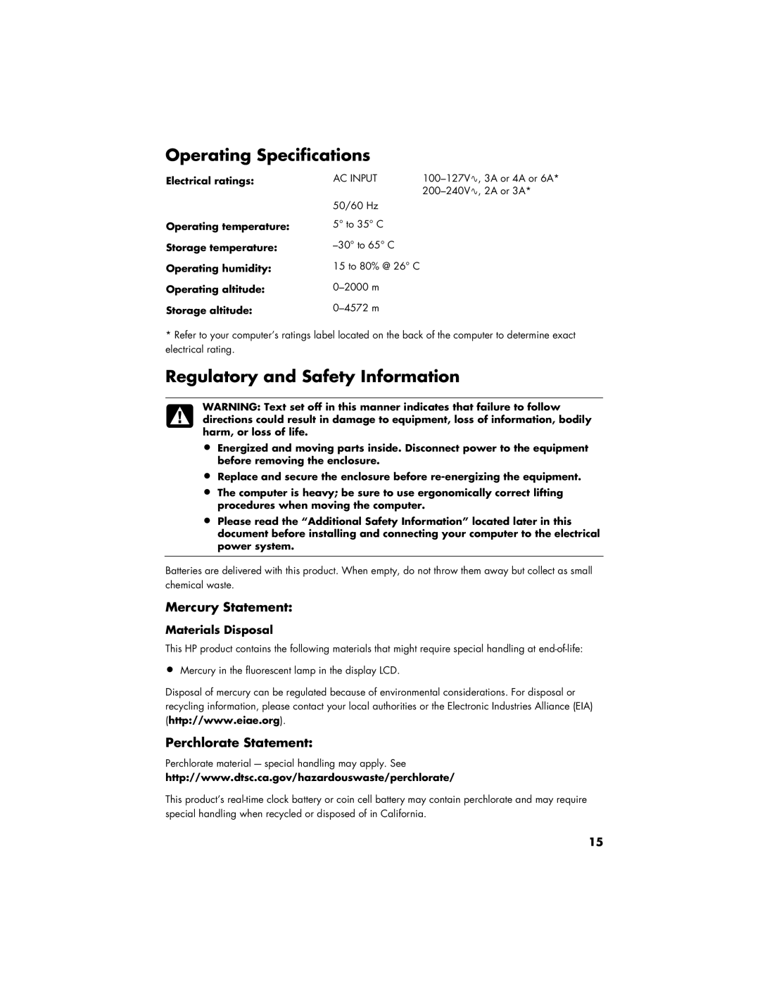 HP SR5127CL, a1777c, a1747c, SR5027CL, CQ5102F manual Mercury Statement, Perchlorate Statement, Materials Disposal 