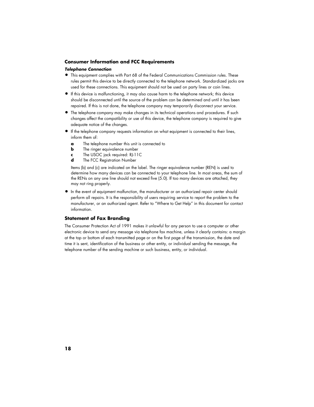 HP a1777c, a1747c, SR5127CL, SR5027CL, CQ5102F manual Consumer Information and FCC Requirements, Statement of Fax Branding 