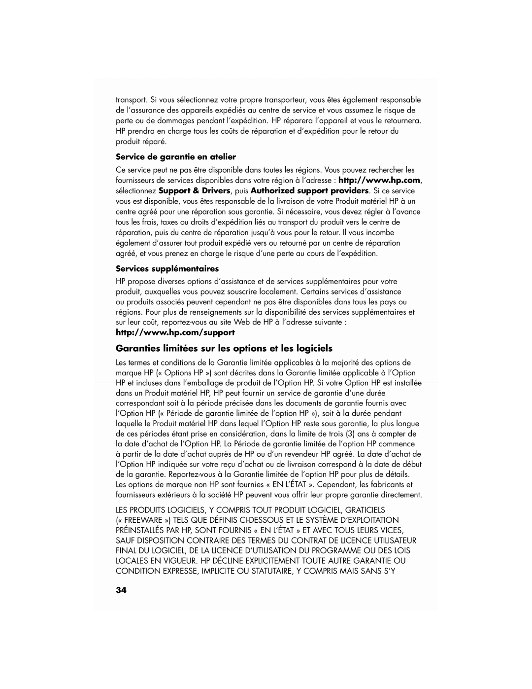 HP a1747c Garanties limitées sur les options et les logiciels, Service de garantie en atelier Services supplémentaires 